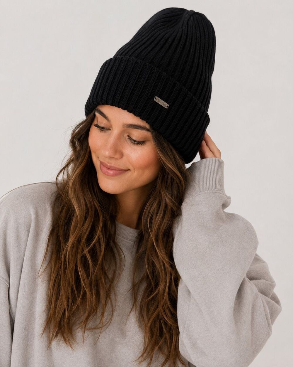 Free People Ribbed Knit Cuffed Beanie One Size Black Slouchy Winter Hat